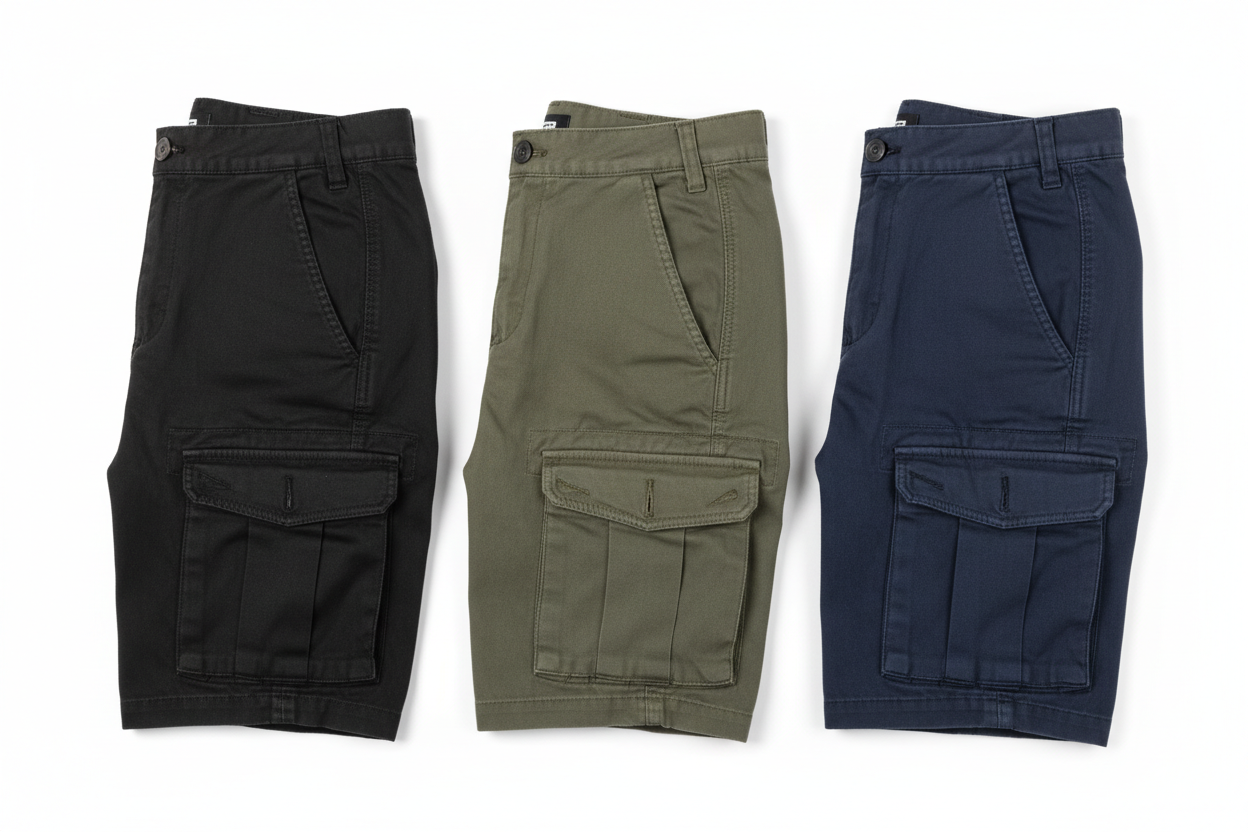 Cargo shorts man pack of 3 colors are  black, green and blue nevy