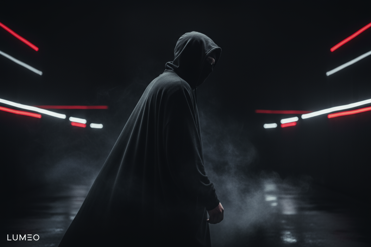 Create a cinematic dark background with a minimalist streetwear vibe for the brand LUMEO.
The image should feature a hooded figure or mannequin wearing a black balaclava hoodie, facing slightly away, under moody street lighting or fog.

Keep the background matte black or dark gray, with subtle red or white neon reflections to match the main LUMEO theme.

Add a faint glowing text “LUMEO” in the corner — small, clean, and aesthetic (not the main focus).

The style should feel premium, mysterious, and urban — 